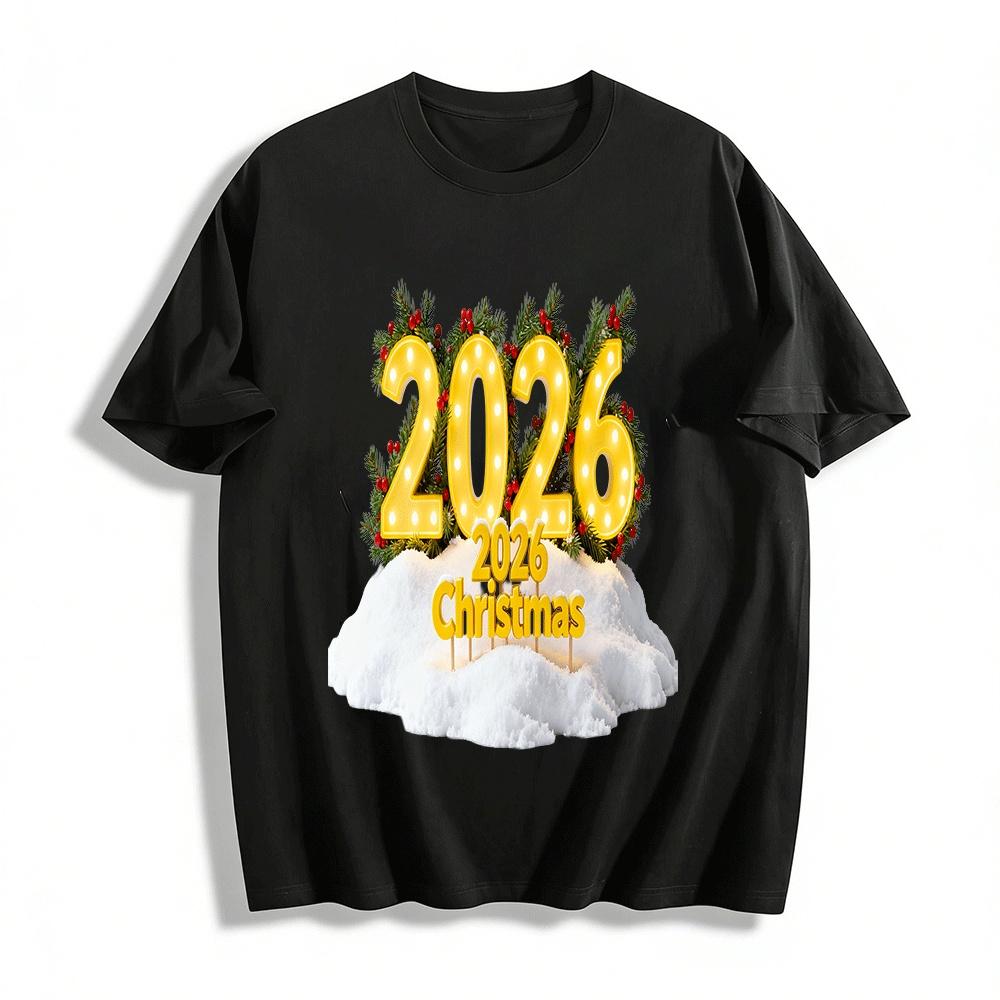 

2026 Christmas Light-Up Number Print Festive Casual Top Pure cotton T-shirt 6XL