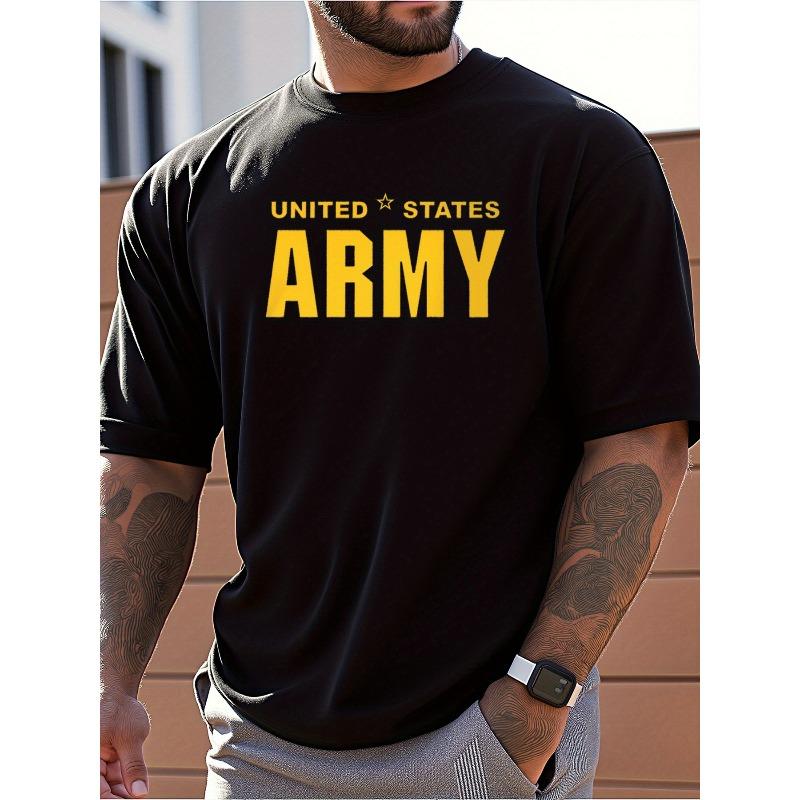 European Sizes Men's Military T-Shirt - Oversized Loose Fit Short Sleeve with Bold Yellow Print & Army Star Logo, Breathable Casual Summer