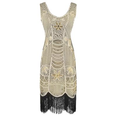 Popular, Retro Sequined Beaded Dress Front and Rear V-neck Fashion Fringed Dress