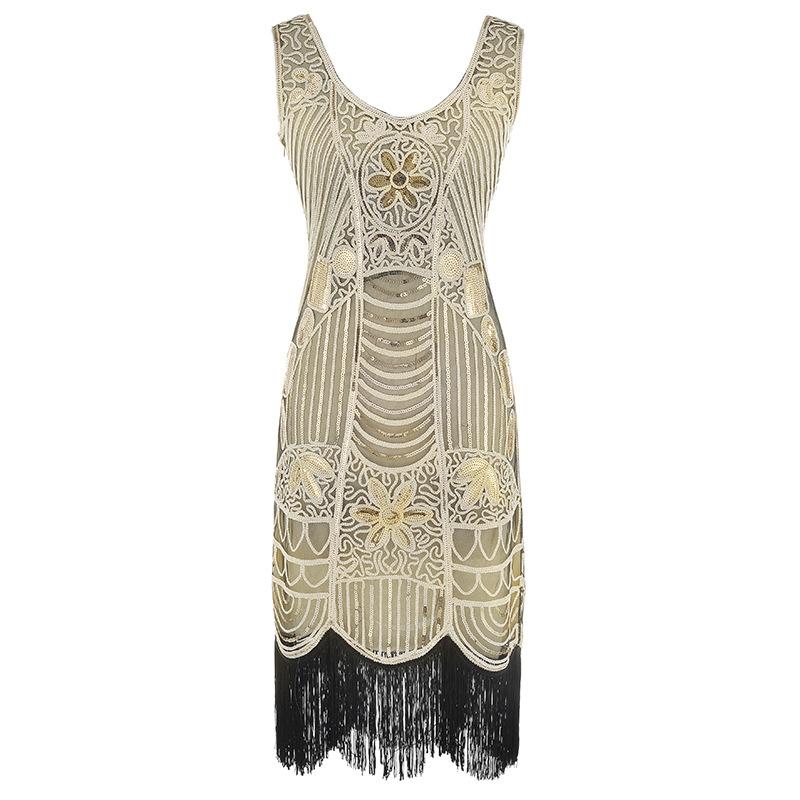 Popular, retro sequined beaded dress front and rear V-neck fashion fringed dress