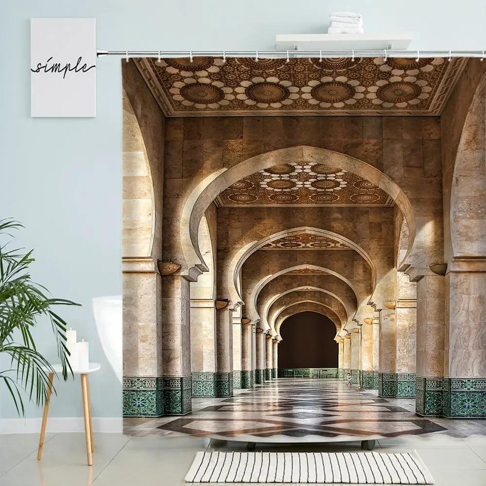 Morocco Arched Building Shower Curtain Gothic Retro Old Geometric Brick Wall Door Home Bathroom Waterproof Curtains Home Decor