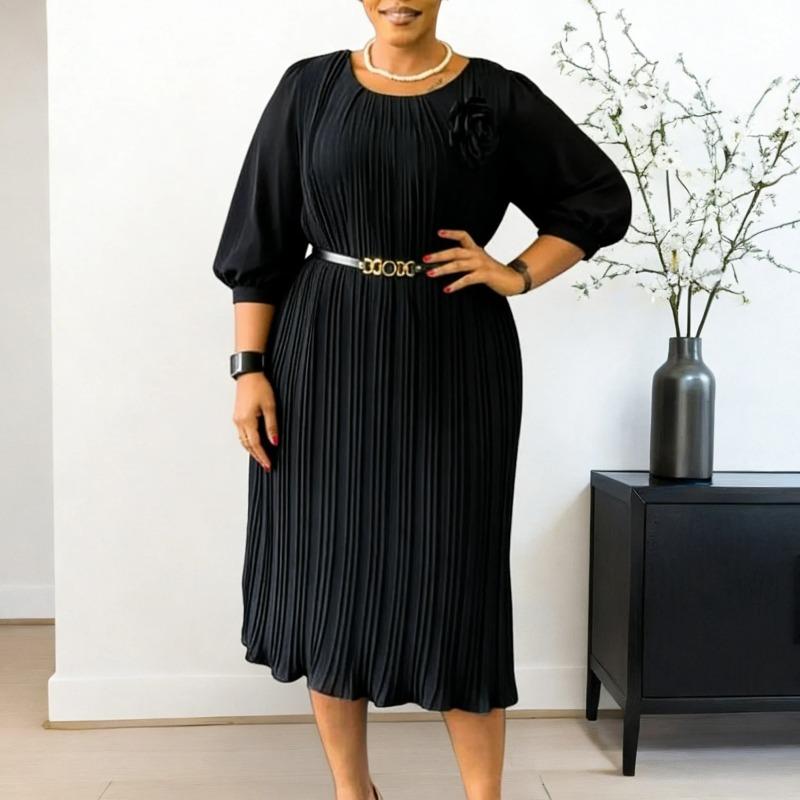 African Dresses Women Elegant Sleeve Polyester High Waist Pleated Midi Dress Dashiki Africa Clothing