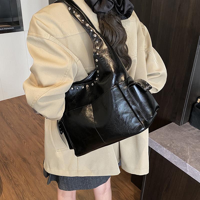 PU Hobo Bag Women's Fashion Shoulder Tote with Stud Detail Multiple Pockets Casual Everyday Handbag