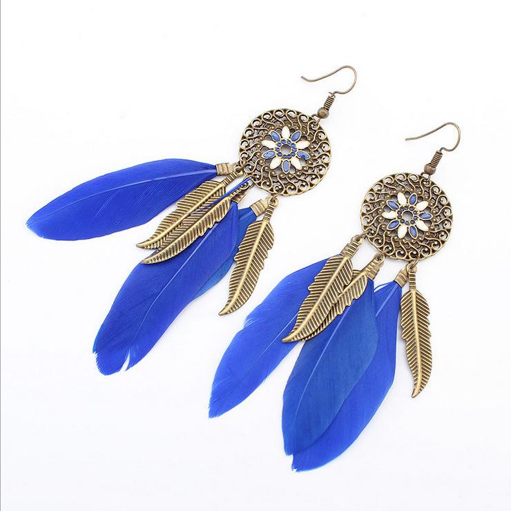 Wind Bohemian Painted Glazed Feather Fringed Earrings Fashion Temperament Women's Earrings Long Necklace Accessories