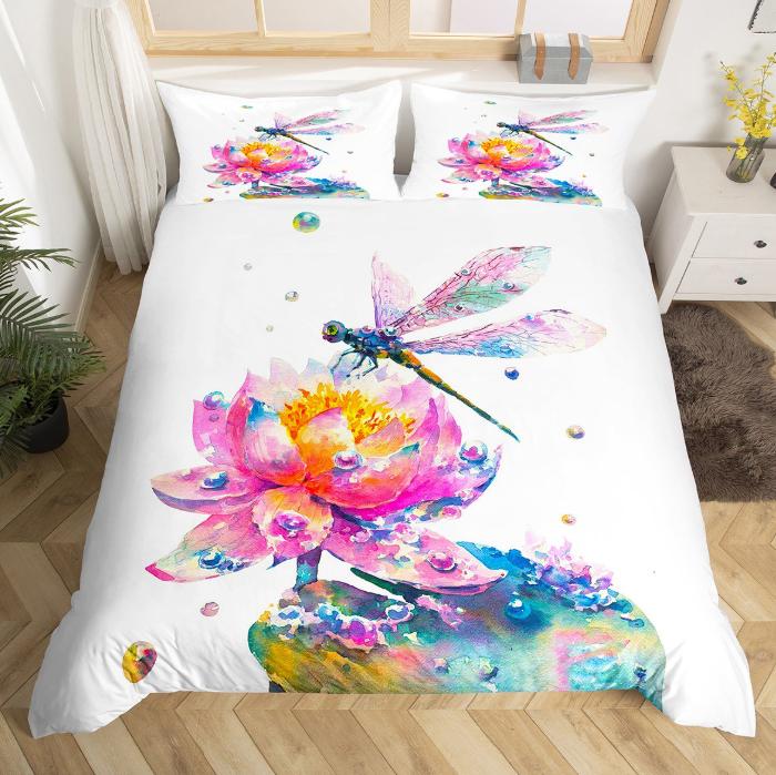Dragonfly and Lotus Duvet Covers for Kids Teens Lightweight Quilt Covers Blossom Flowers Pond Natural Scenery Animal Bedding Set