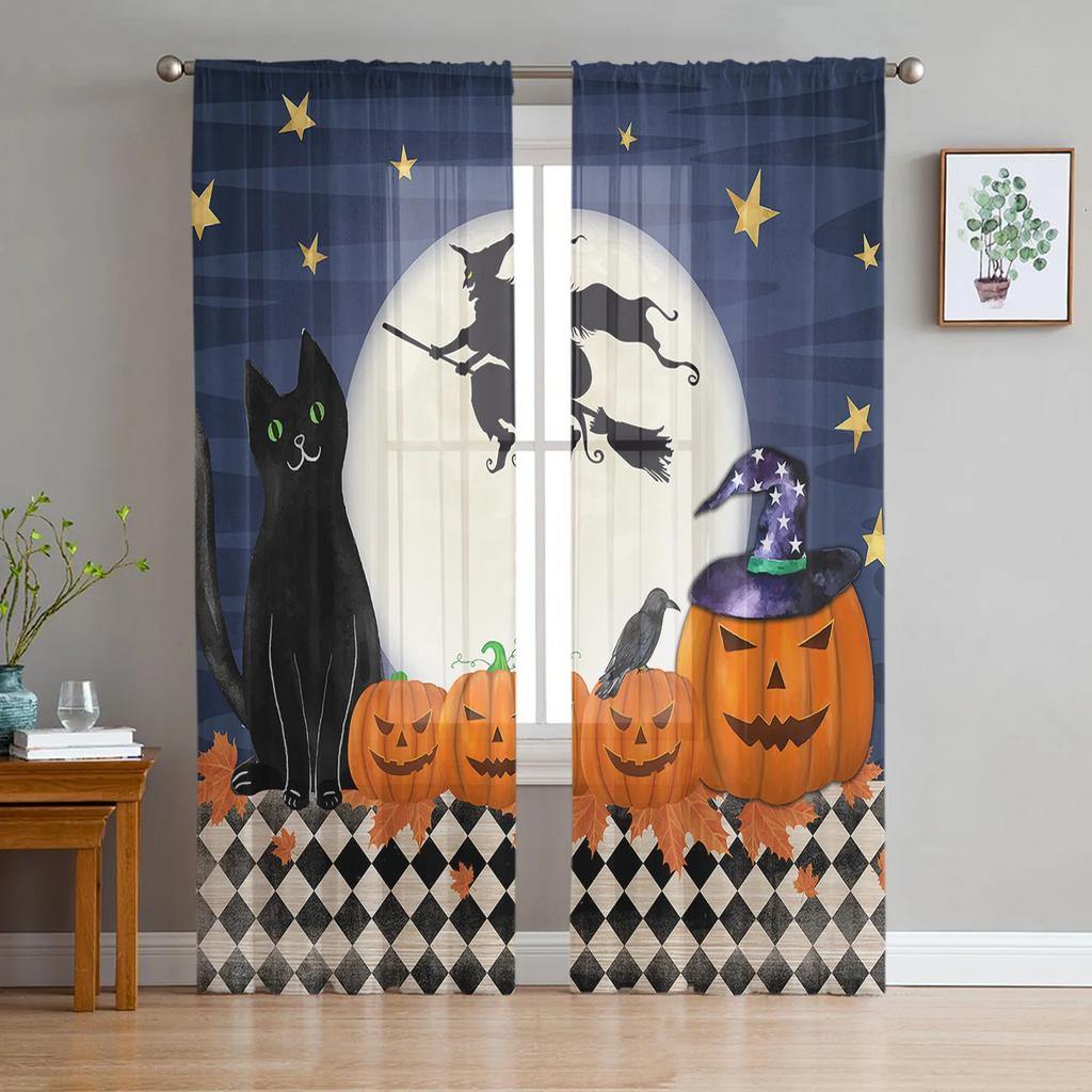 Halloween Bat Pumpkin Curtain Window Tulle Living Room Bedroom Kitchen Chiffon Treatment Decorations Curtains Light Filtering Polyester Sitting