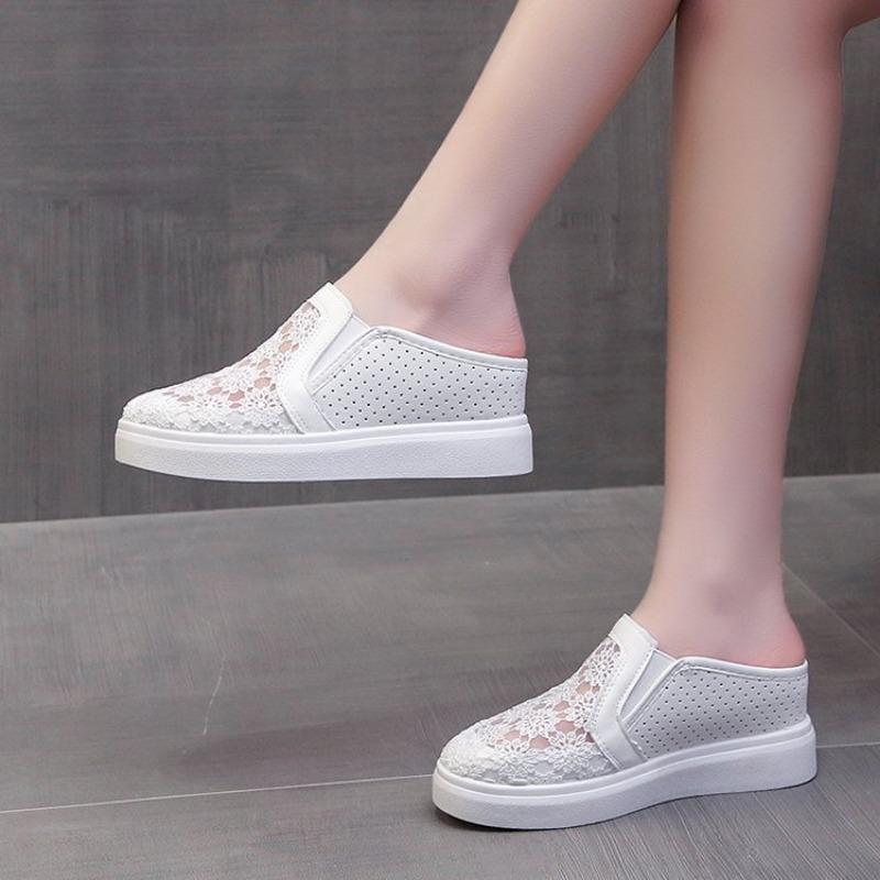 2024 Summer New Lace Mesh Breathable Baotou Half Slippers Femaleinternal Height Increase Wedges Small White Slides Women Sneaker