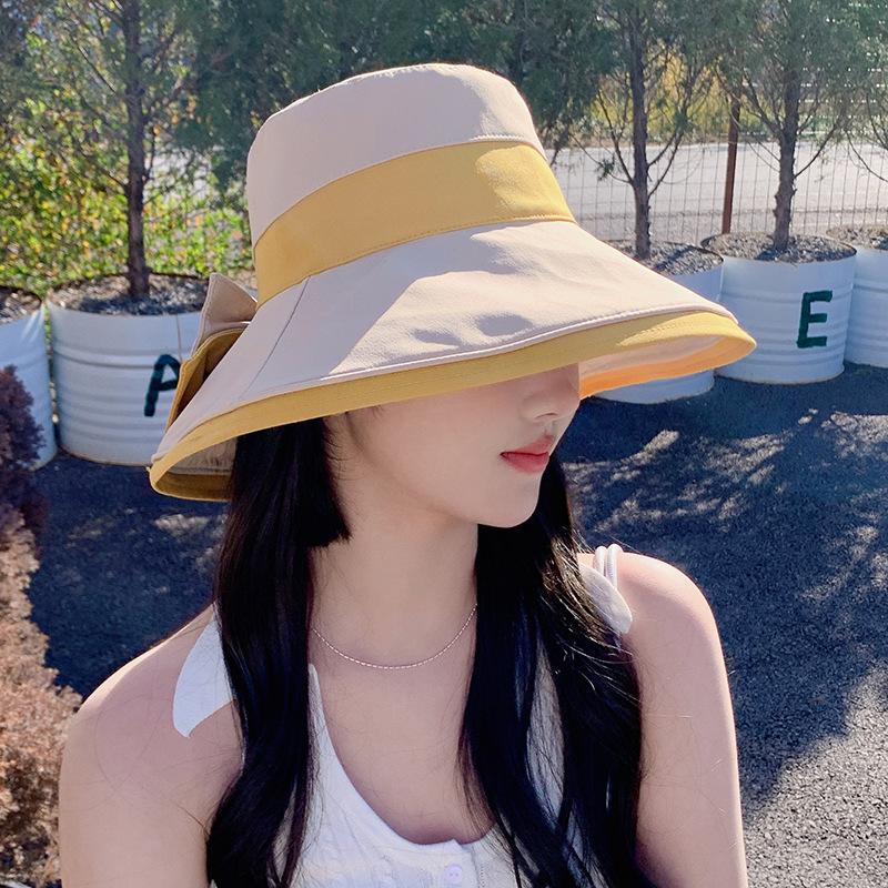 

Spring and autumn new cotton hat femininity bow big edge bucket hat summer sunscreen visor One Size