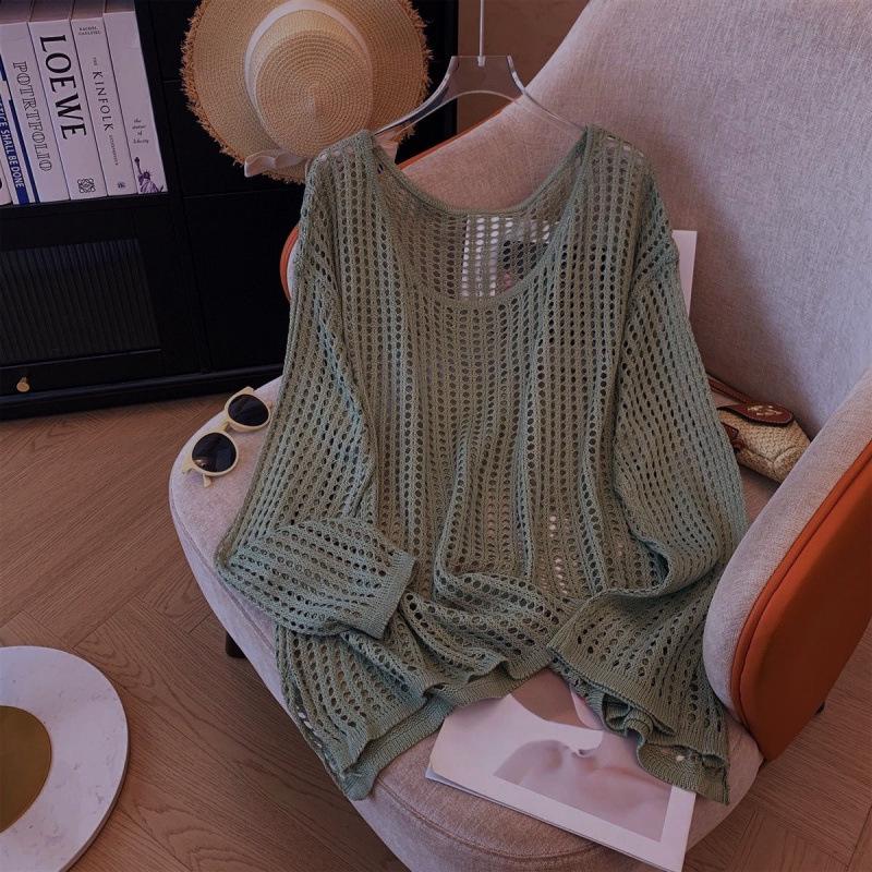 Women's Hollow Knit Summer Cardigan - Loose, Slimming, Sun Protection, Round Neck, Long Sleeve, Versatile Top.