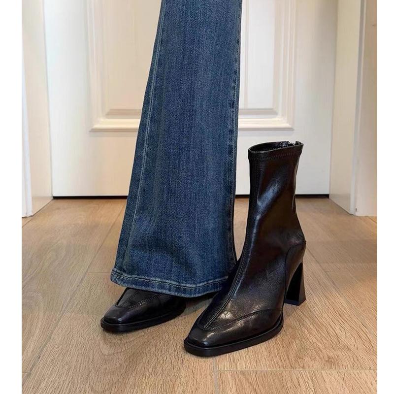 Korean version of high-heeled square-headed thin boots short boots women's thick-heeled retro Martin boots British short boots single boots