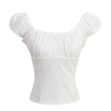 Reines Verlangen miu Spitze Blasenärmel One-Shoulder Kurzarm-T-Shirt Damen Sommer Super gut aussehend Schlankes Quadratischer Ausschnitt Oberteil