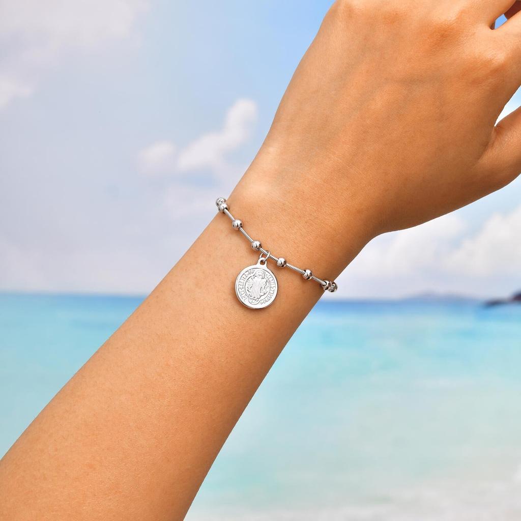 Vnox Stainless Steel Women's Rosary Bracelets, Saint Benedict Virgin Mary Jesus Cross Prayer Bracelet , Trendy Religion Jewelry