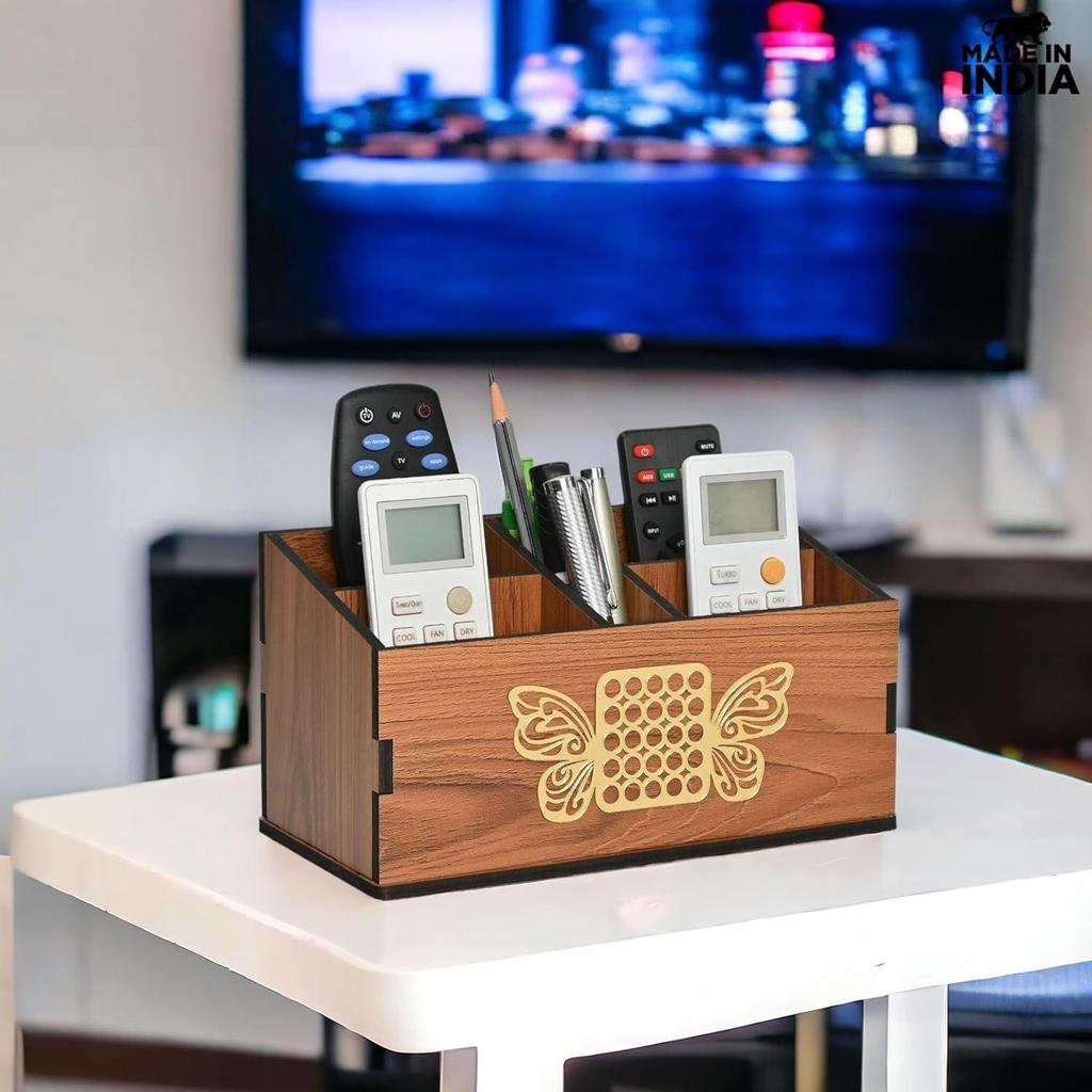 Fernbedienungshalter mit 5 Fächern Holz-Fernbedienungshalter für Wohnzimmer, TV und Klimaanlage Schreibwaren-Organizer 5 in 1 Ideal für Zuhause und Büro (Brauner Schmetterling)