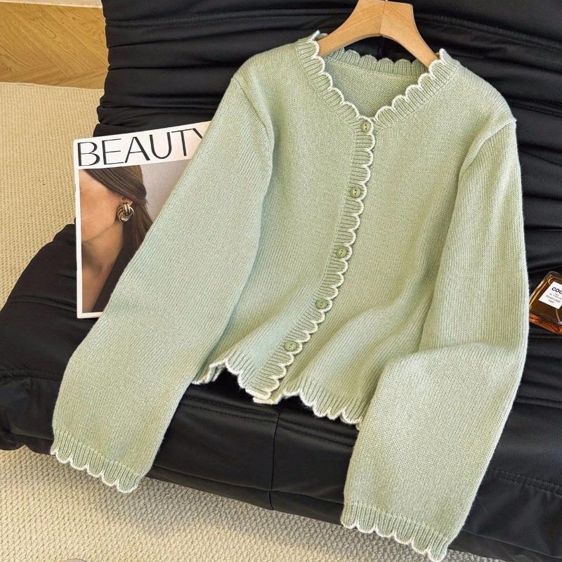 Women Lazy Style Wavy Edge Knit Cardigan Soft Slim Fit Sweater Coat S
