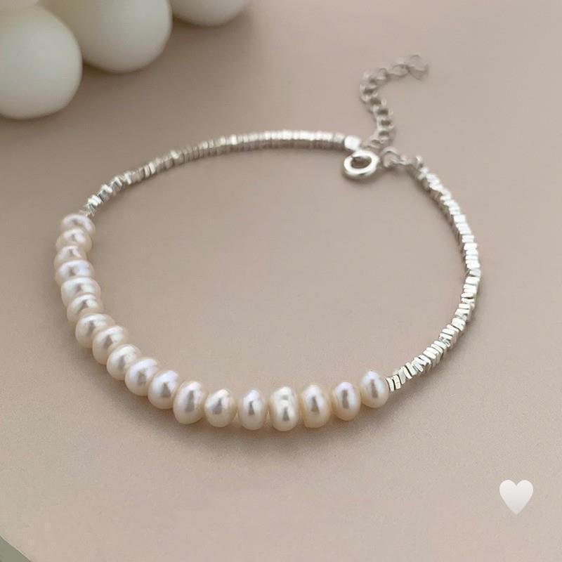 Women's High-End Silver Baroque Pearl Beaded Bracelet with Adjustable Elastic String