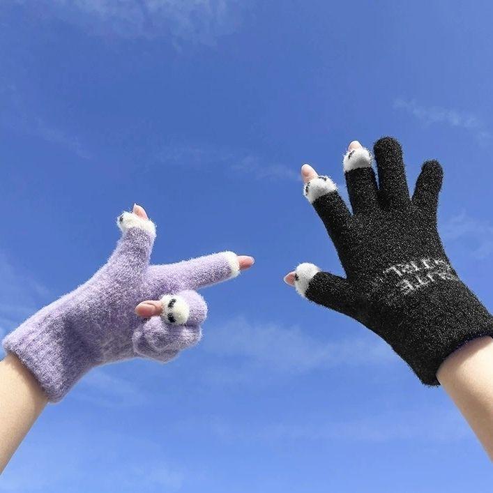 Women's Touchscreen Wool Gloves - Cute Knitted Design for Writing & Mobile Use, Warm Autumn & Winter Cartoon Style, All-Match for Students