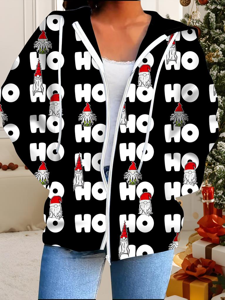 Christmas 3D Printed Hooded Cardigan Plus Size Autumn Winter Retro