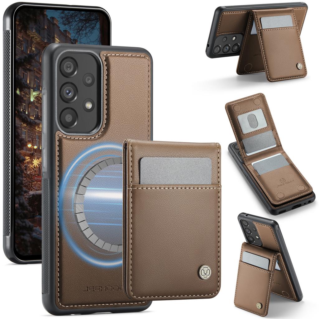 For Samsung Galaxy A52 5G/Galaxy A52s 5G/Galaxy A52 4G Leather Back Cover Compatible with MagSafe JEEHOOD J06 Phone Case with Card Bag RFID Blocking