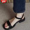 Fashion Leather Flat Sandals Women's Summer New Comfortable Soft Sole Thick Heel with Open Toe Roman Shoes