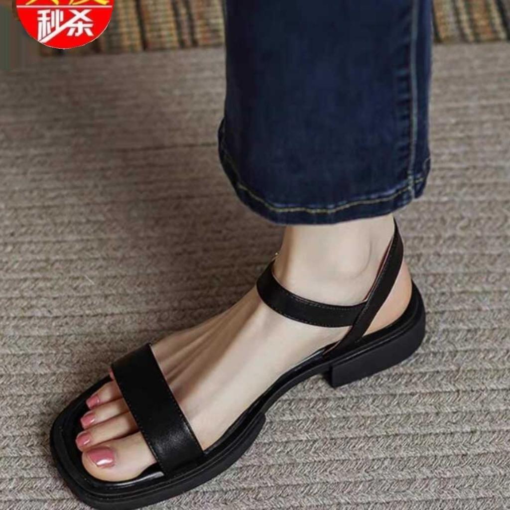 Fashion Leather Flat Sandals Women's Summer New Comfortable Soft Sole Thick Heel with Open Toe Roman Shoes