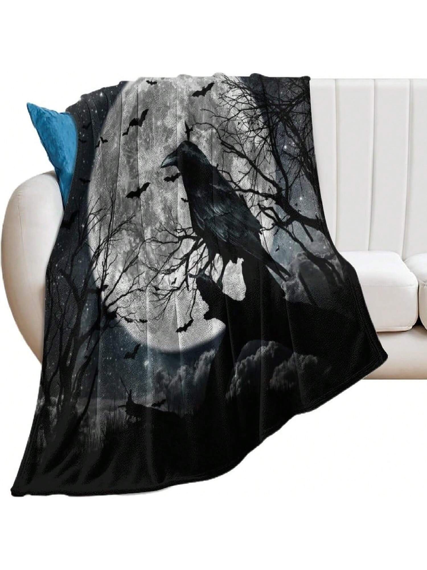 

Gothic Forest Night Blankets Soft Blanket Fantasy Halloween Full Moon Black Crow Bats Blanket For Bedroom Sofa Throw-30W X40L 75X95CM сірий колір
