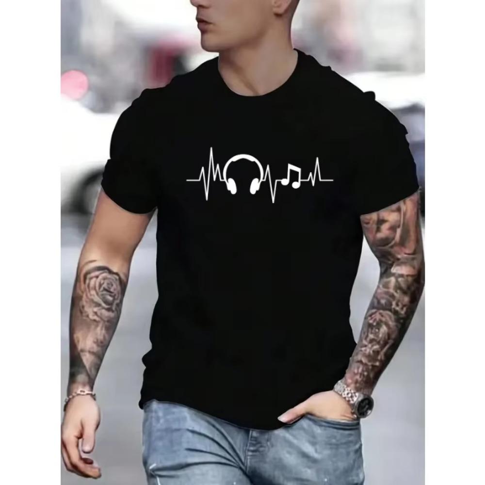 Men's Summer Earbuds Printed Round Neck Short Sleeve Casual  T-shirt New Fashion Daily Loose Size Couple Street T-shirt