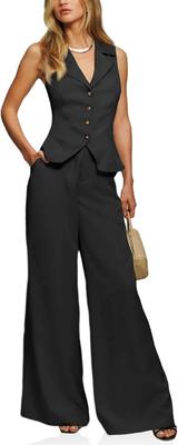 Womens Two Piece Blazer Vest And Wide Leg Pants Set Sleeveless Button Work Office Outfit