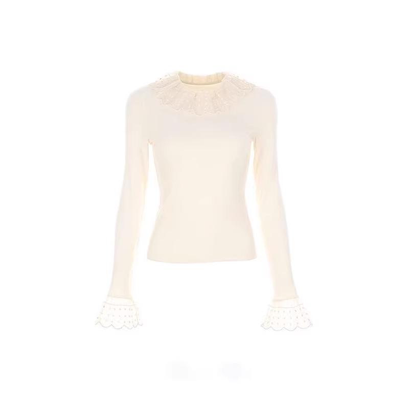 

Women s Slim-Fit Apricot White Lace Collar Long-Sleeve Top for Autumn/Winter Medium абрикосовий/білий