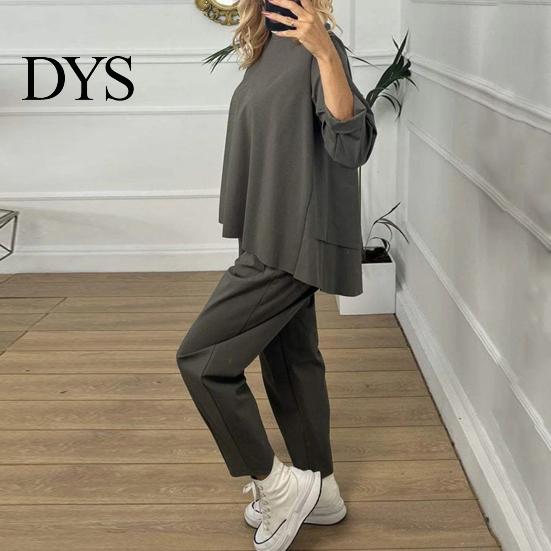 Ninth Pants Set 2 Pcs/Set Women Sweatshirt Round Neck Long Sleeves Top Elastic Spring Sport Outfit Waist Wide Leg Sweatpants Autumn Casual Commuting