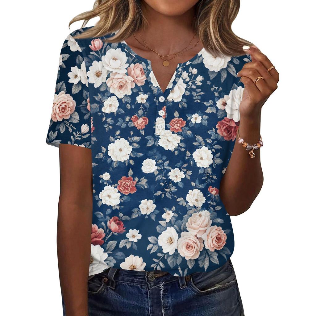 Damen T-Shirt mit Aufdruck und Knopfleiste, kurzärmelig, für den Alltag, Wochenendmode, Basic, V-Ausschnitt, normales Oberteil
