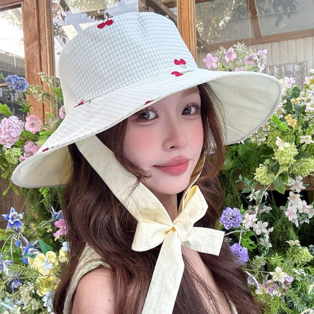 Lace Summer Sun Hat Ribbon Embroidered Cherry Bucket Hat Fashion Sunscreen Visor Cap  Travel