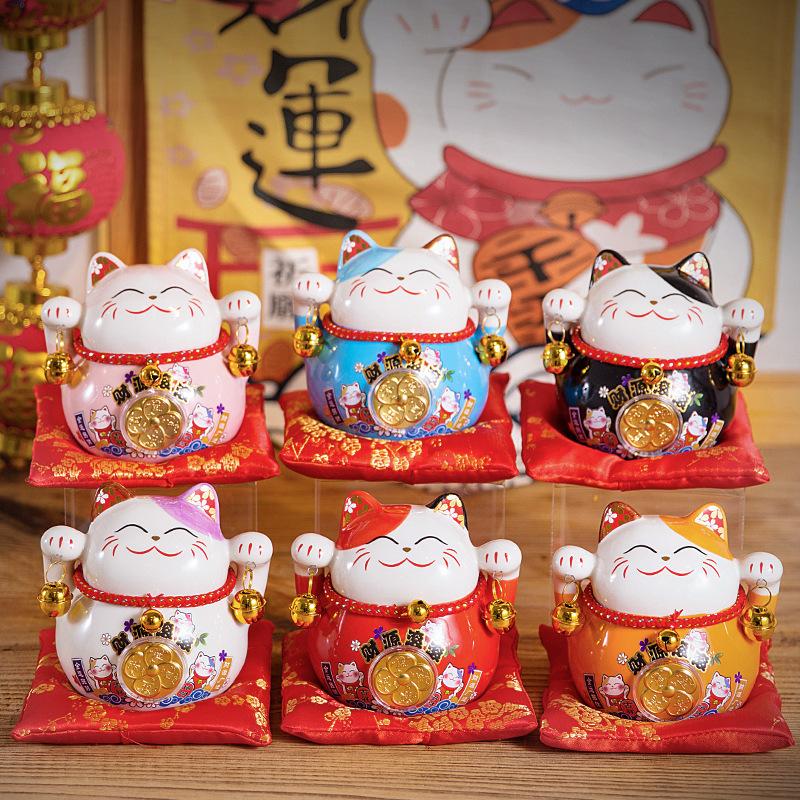 4.5 Inch Ceramic Maneki Neko Lucky Cat Money Box Fortune Colored Cat Golden Circle Home Decoration Gift Feng Shui Figure