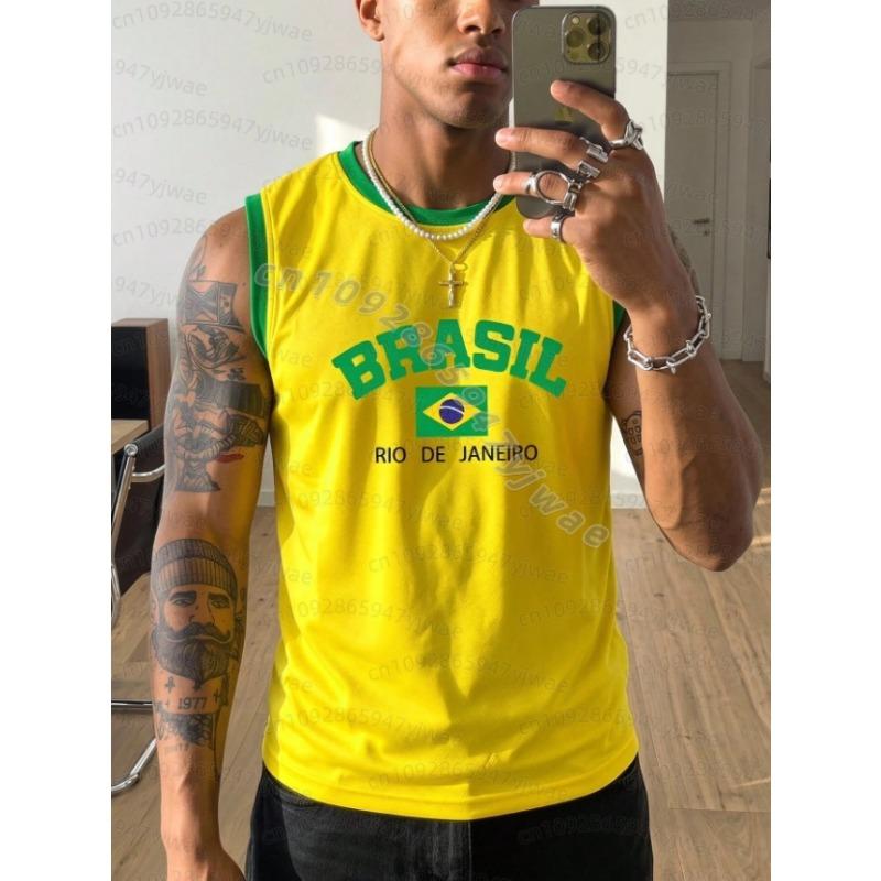Sommer Mænd GUL BRASIL 10 Print Stribe Rund Hals Afslappet Tanktop Basketball Trøje Vest Kæreste Stil Sport Basketball Vest