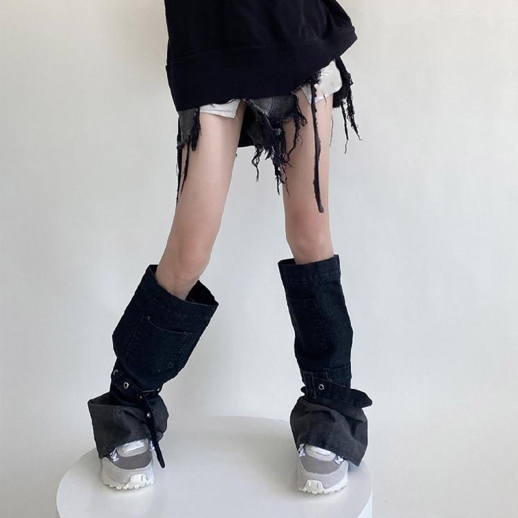 Women Japanese Punk Buckle Strap Leg Warmers Harajuku Aesthetic Streetwear Baggy Loose Denims Leg Sleeve Foot Covers