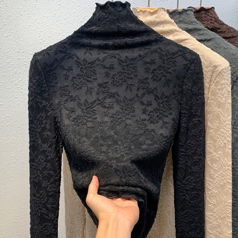 Women's Fashionable Semi-High Collar Lace Trim Shirt - Autumn/Winter Top