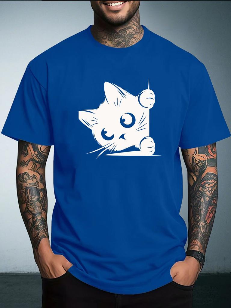 Unisex Summer Casual Short Sleeve T Shirt Cute Peeking Black Cat Cartoon Graphic Oversized Loose Daily Street Fashion Tees Tops