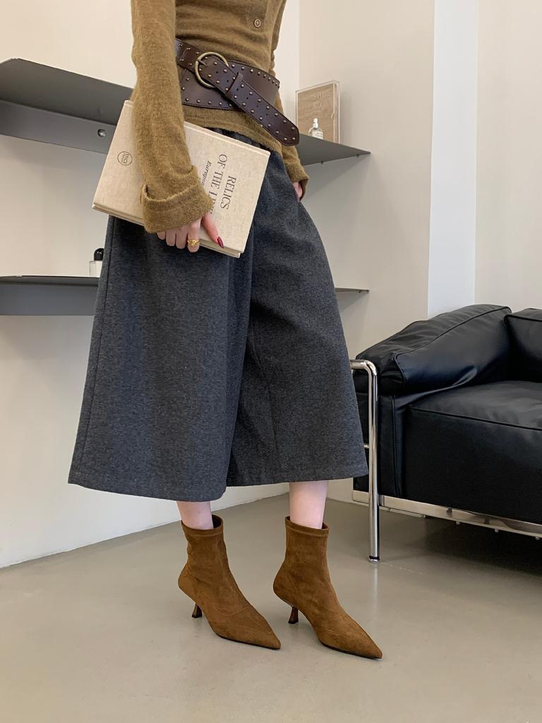 Pointed high-heeled thin short boots autumn temperament square buckle suede elastic short boots women's boots