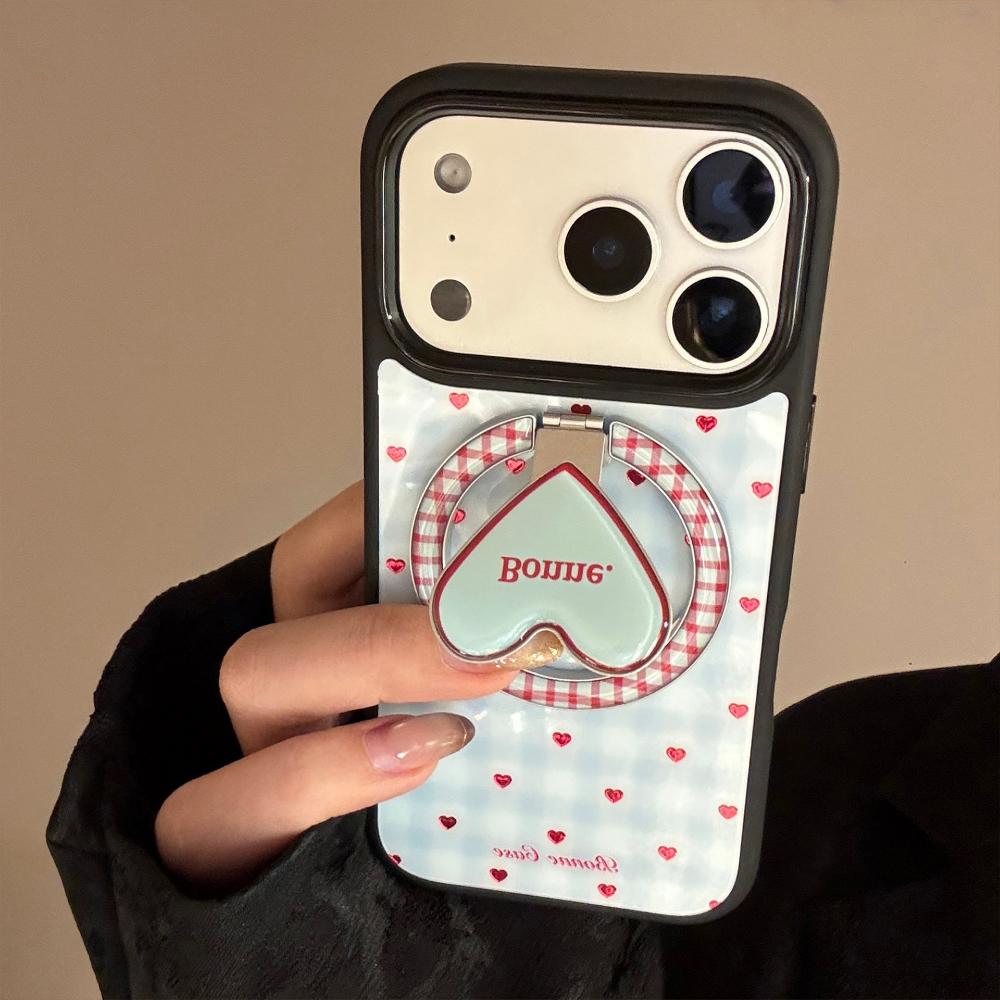 Gold-plated Blue Checkered Heart-shaped Apple IPhone 17 Pro Max Phone Case, Compatible with IPhone 16, 12, and 15 Magnetic Stand Phone Case