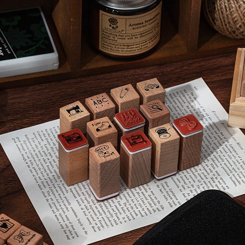 Exquisite Daily Life 18 Pieces Of Beech Wood Seal Set Diy Journal Decorative Materials Stamp Wooden Box Collage Stamp Gift