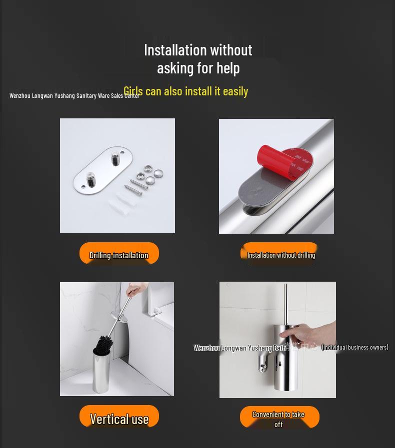 304 Stainless Steel No-Drill Hanging Toilet Brush Set with Deodorant