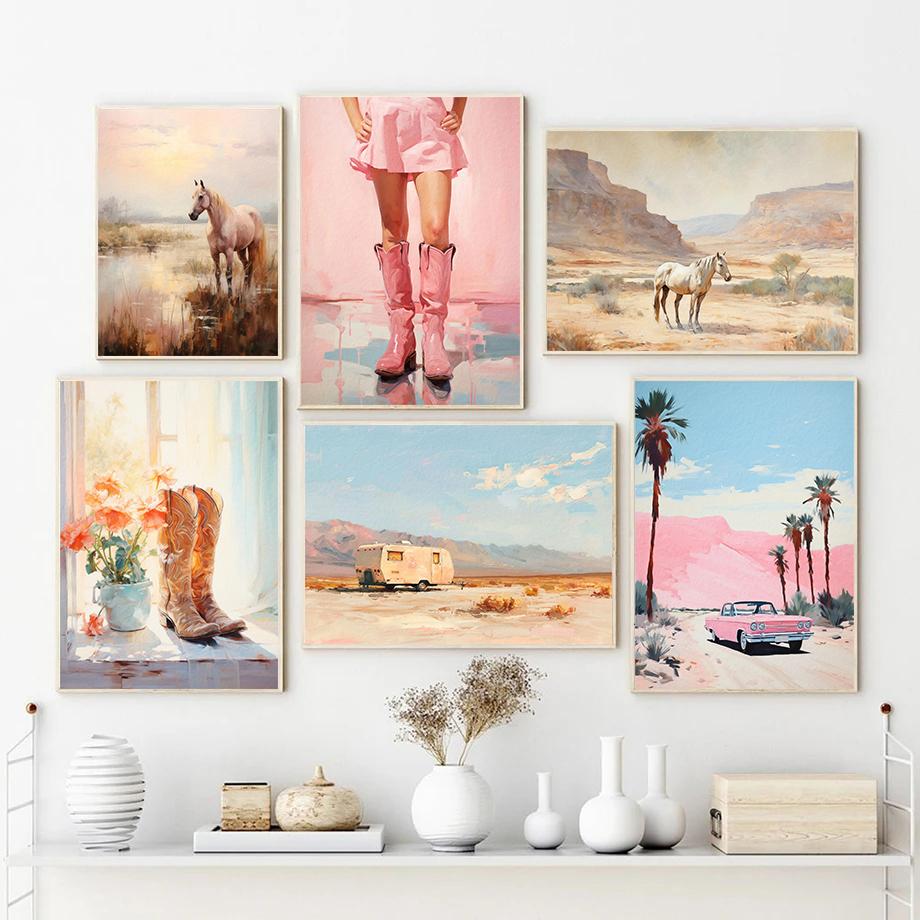 Boho Pustynny Kwiatowy Country Western Kowbojski Moda Różowy Artystyczny Retro Plakat Obrazy na Płótnie Sztuka Ścienna Obrazy Dekoracja Domu