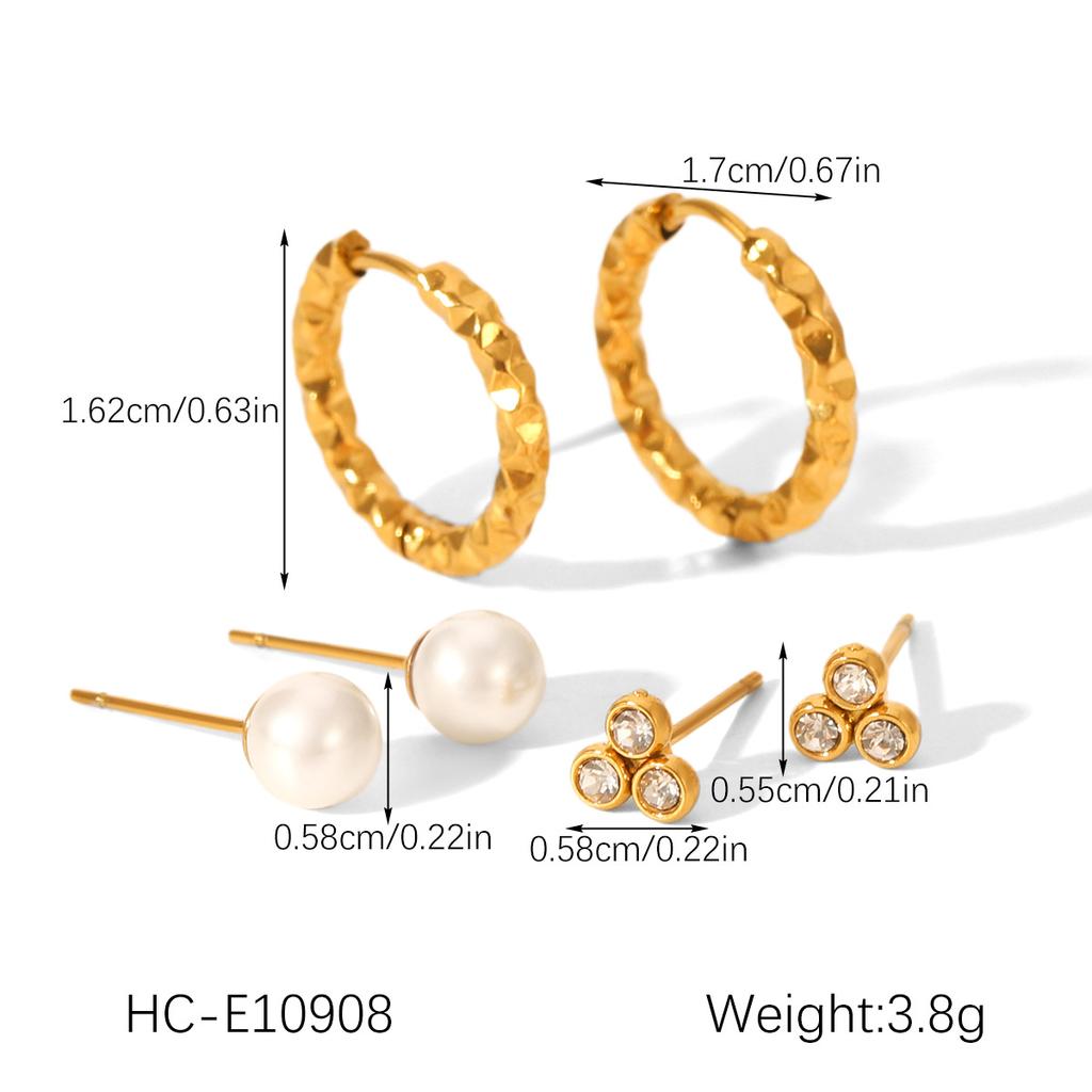 Euro-American Style 18K Gold Stainless Steel Earrings for Women, Unique Minimalist Three-Piece Set, Versatile Titanium Steel H