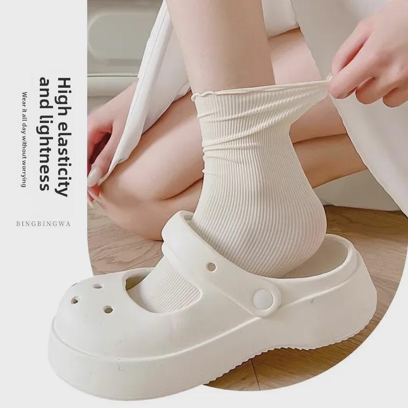 Women's White Lace Ice Silk Mid-Tube Socks for Summer with Wood Ear Edge Design
