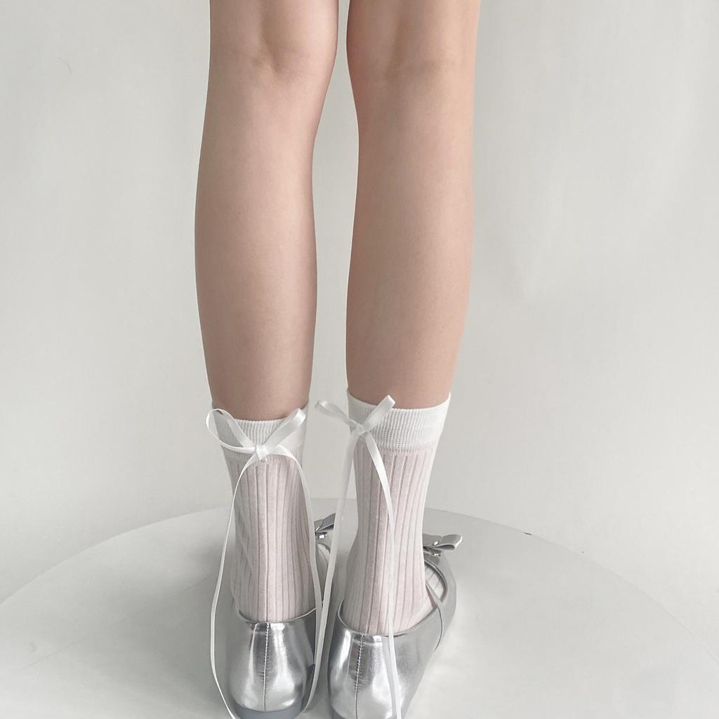 Solid Color Middle Tube Cotton Socks Women Cute Ribbon Bowknot Back Calf Socks