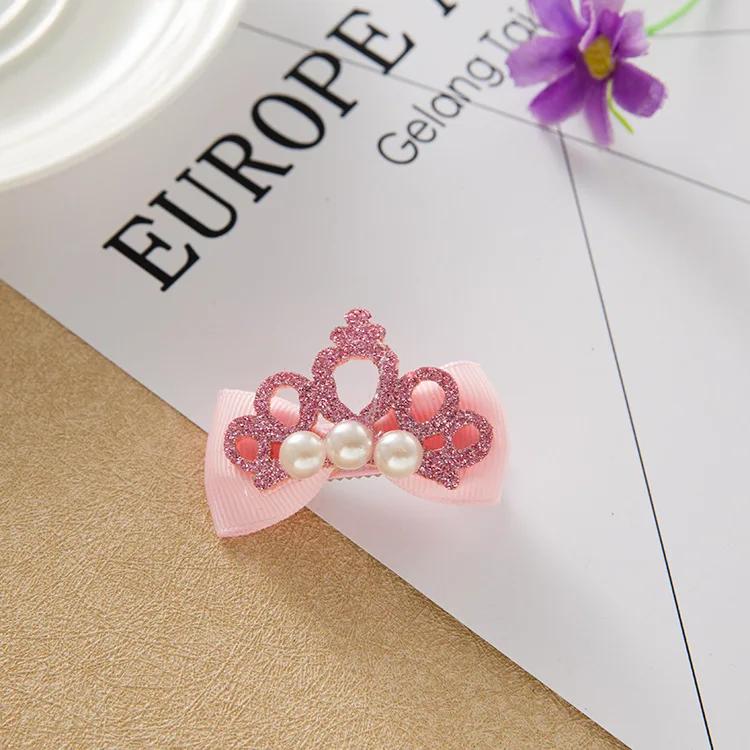 1Pcs Baby Girls Children Shiny Crown Rhinestone Hairpins Princess Ribbon Bow Crystal Hair Clip Pearl Barrette Accessories