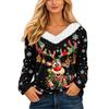 Women's Casual Long Sleeve Christmas Print V Neck Top with Plush Collar for Holiday Wear