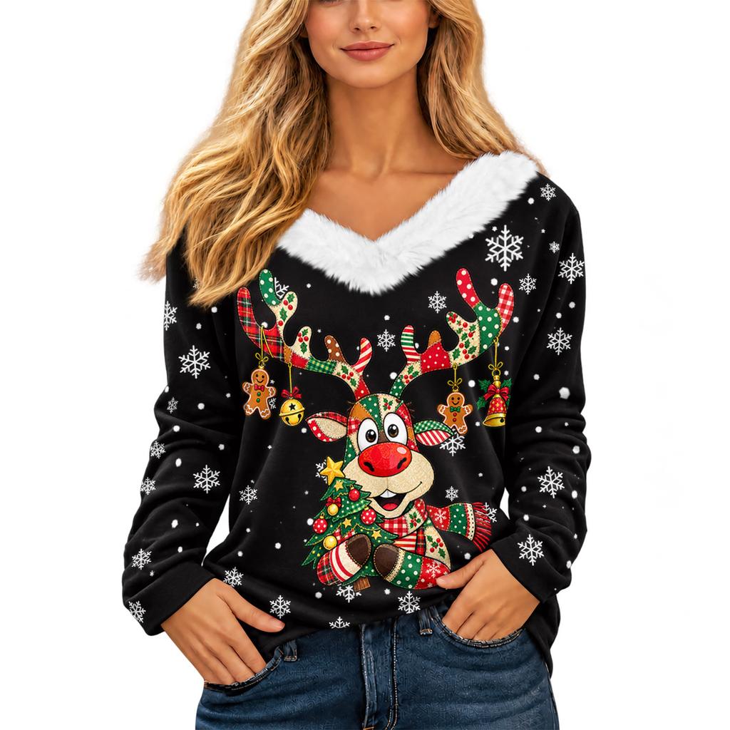 Women's Casual Long Sleeve Christmas Print V Neck Top with Plush Collar for Holiday Wear