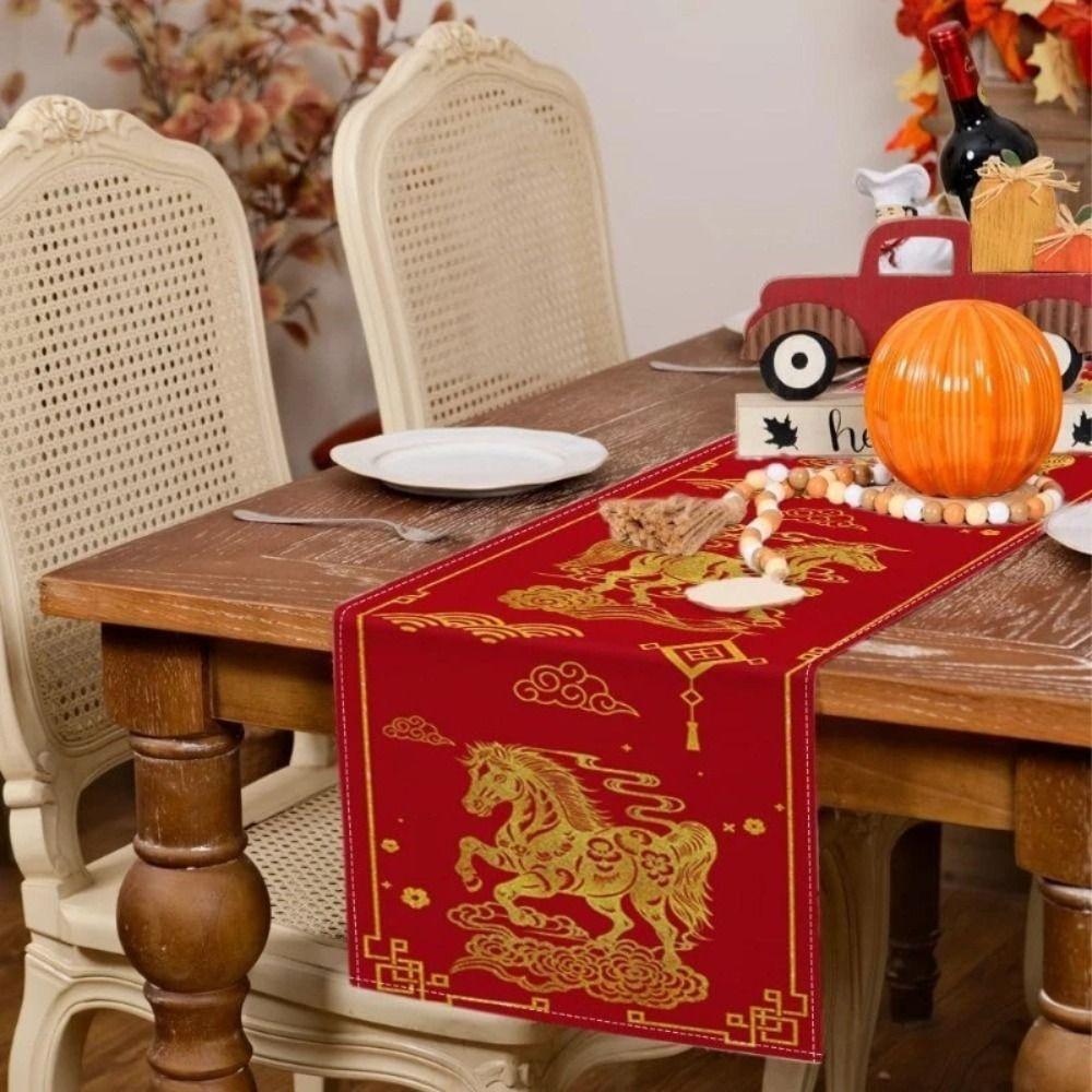 Creative 2026 New Year Table Runner 13x72 Inch Linen Year of the Horse Tablecloth Reusable Home Decoration Dining Table Decor