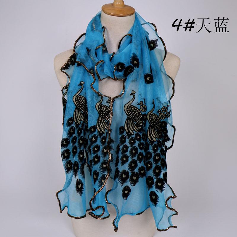 Peacock Flocking Breathable Long Towel, Bronzing Hemming Lace Women's Scarf