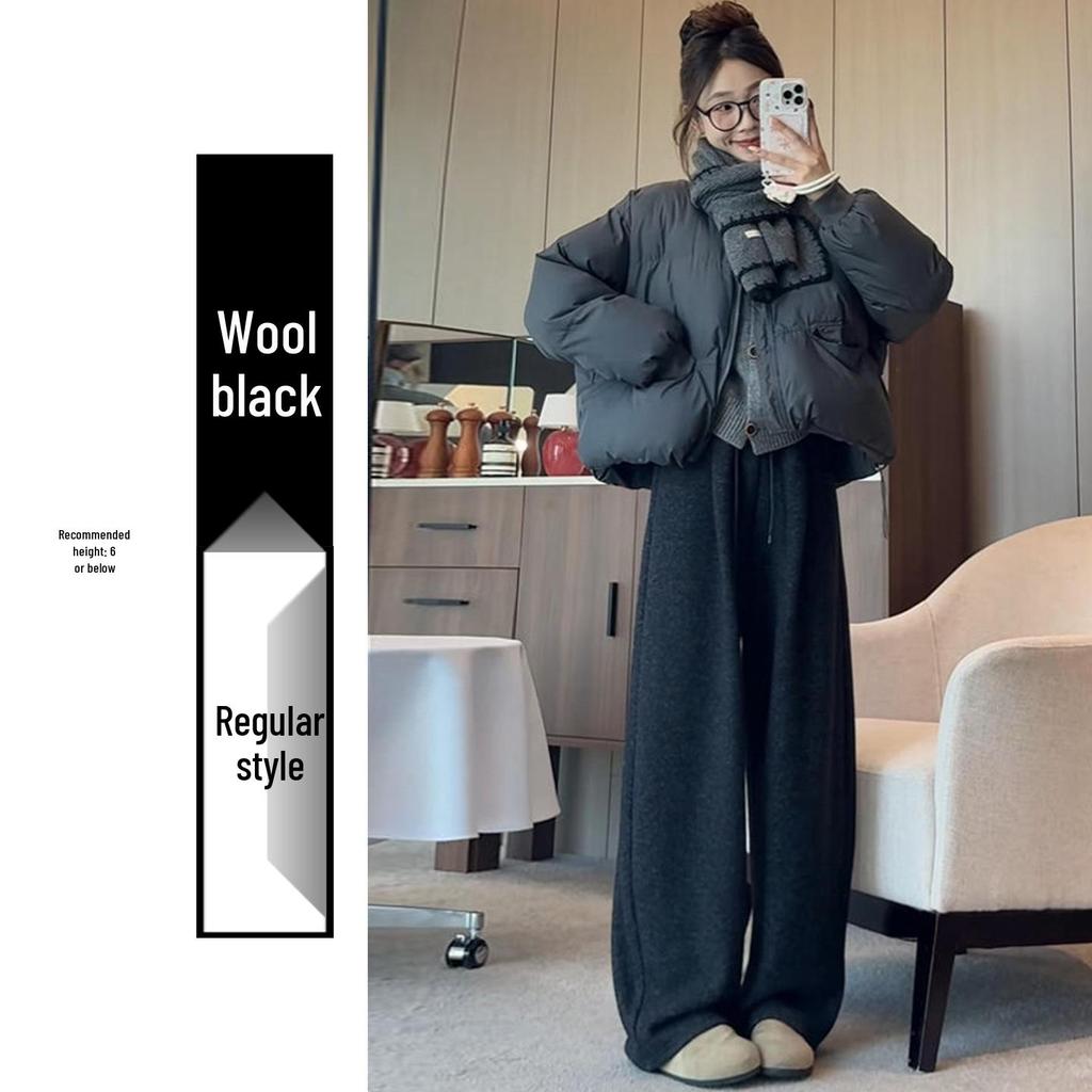 Women's Gray Cloud Scimitar Pants with Plus Velvet, Autumn/Winter 2025 - Woolen Wide-Leg, Drape, Relaxed Fit.